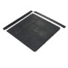 Nine Solid Top Interlocking Mat black rubber floor tiles are arranged in a square, with two straight black edge pieces positioned above and to the left on a white background.