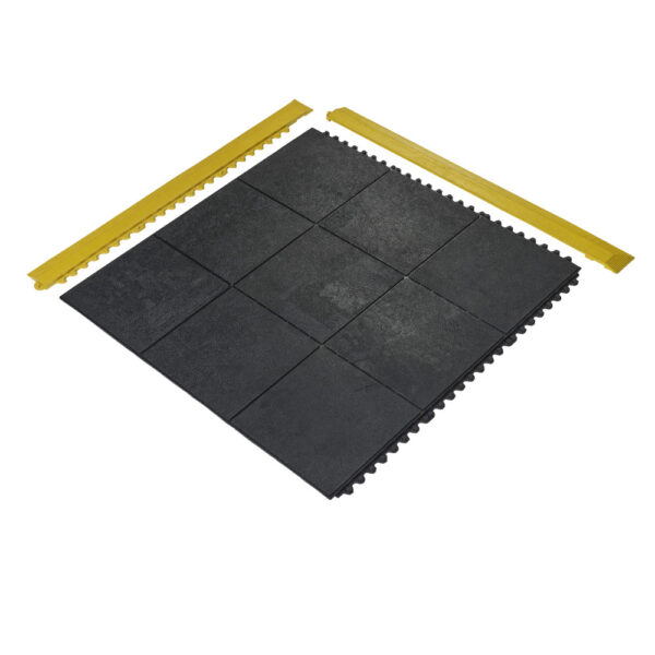 Solid Top Interlocking Mat shown in a square layout with black tiles and two yellow edge pieces placed above and beside the tiles on a white background.