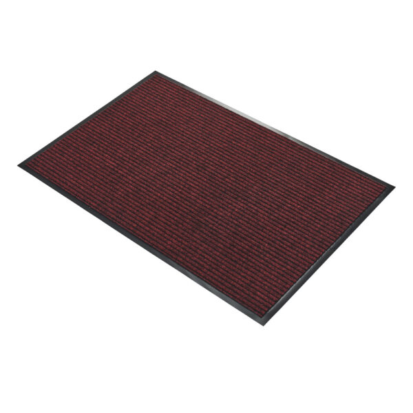 The Ribbed Doormat is rectangular and red with a black border, shown from an angled top view against a white background. It has a textured, striped surface pattern.