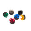 Six Insert Brushes with stiff bristles in green, grey, black, yellow, blue, and red are arranged on a white background.
