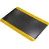 The Premium Anti-Fatigue Mat is black with a textured diamond plate surface and features bright yellow borders on two opposite sides.