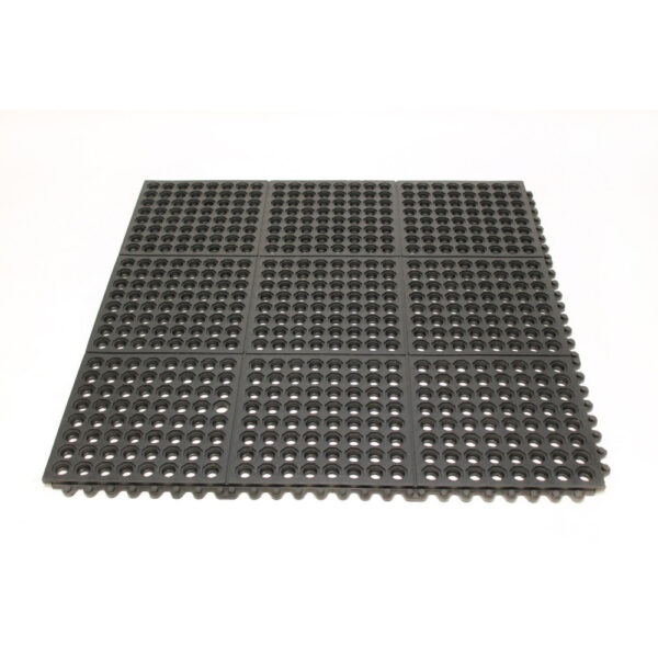 The Drainage Top Interlocking Mat is a black rubber anti-fatigue floor mat with a grid pattern and circular holes, shown on a white background.