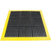 The Drainage Top Interlocking Mat is a black rubber anti-fatigue mat with round holes and a bright yellow border, designed to enhance workplace safety and comfort.