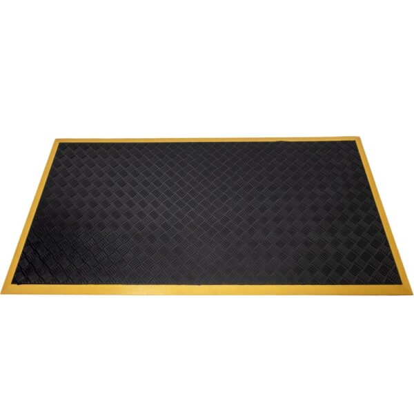 The Heavy-Duty Workstation Mat is a rectangular black rubber mat with a diamond-textured pattern and yellow-bordered edges.