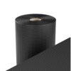 A close-up of Wide Ribbed Rubber Matting shows a large roll and a sheet in the foreground, both featuring fine, parallel grooves across their black surfaces.