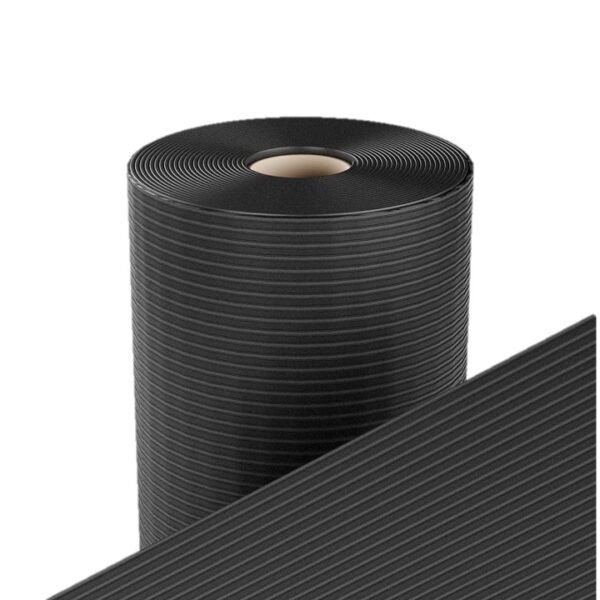 A close-up of Wide Ribbed Rubber Matting shows a large roll and a sheet in the foreground, both featuring fine, parallel grooves across their black surfaces.