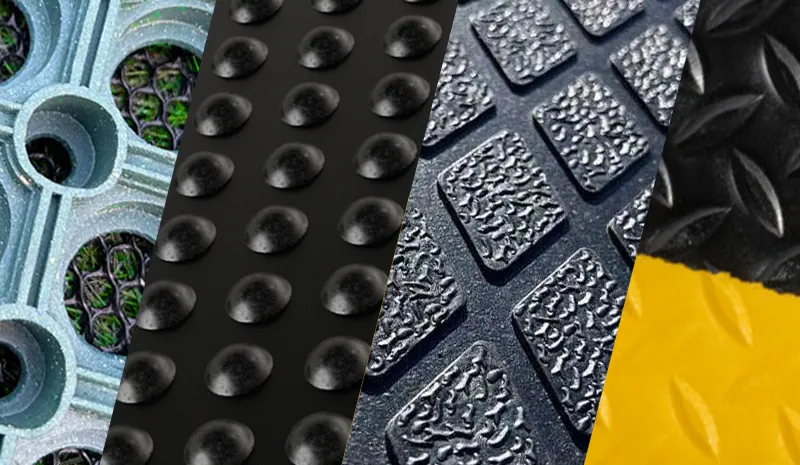 Close-up of five differently textured surfaces arranged diagonally, including grid, raised bumps, rough squares, and diamond patterns in various colours like grey, black, and yellow.