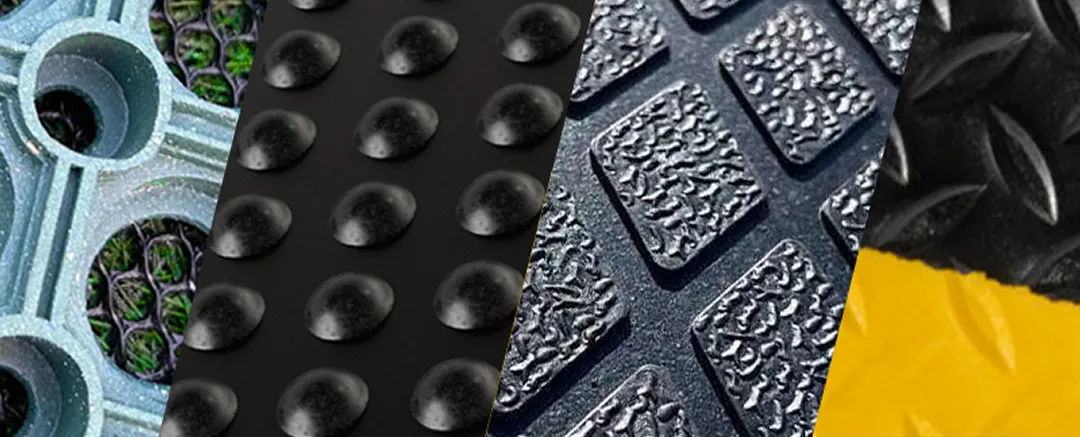 Close-up view of four different textured mat surfaces, each divided diagonally. Surfaces include circular holes, raised bumps, rough squares, and a yellow section with angular patterns.